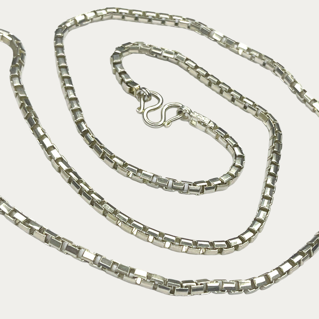 Silver Chain for Men | Square Box Link | 925 Sterling | 50g | 33" | 4mm | Handmade Silver & White Gold Necklace