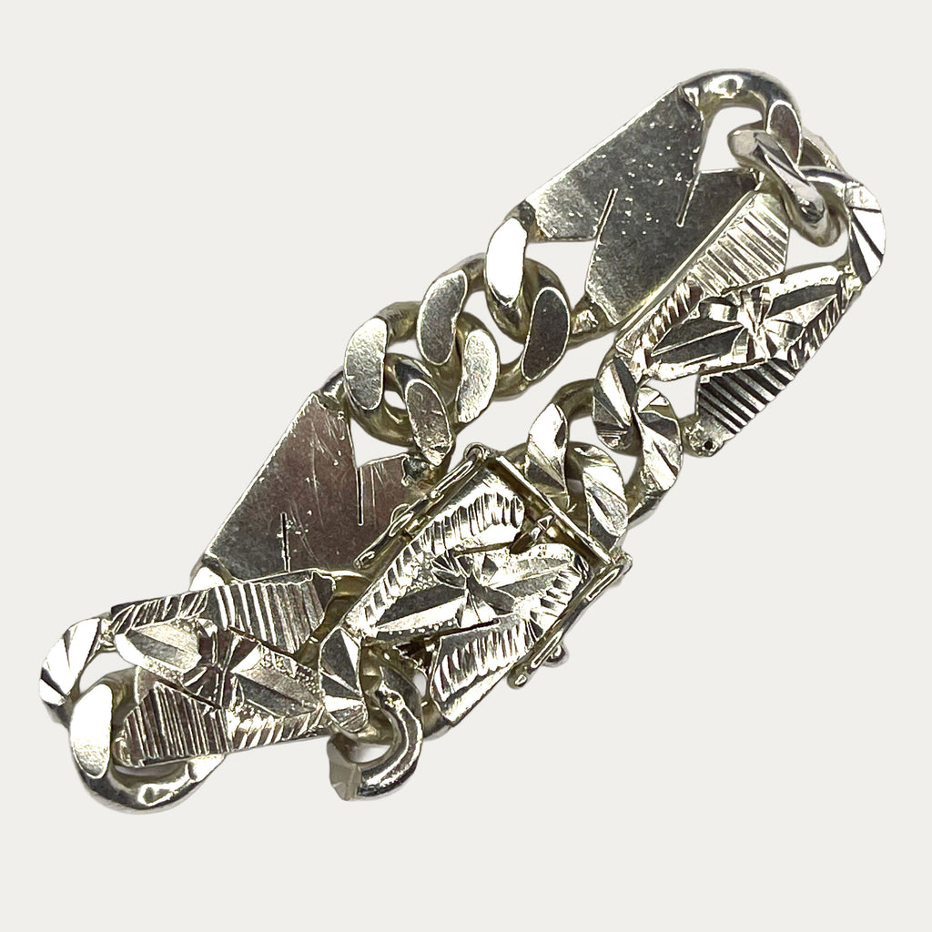 Silver Bracelet for Men | Diamond Cut Curb Link | 47g | 7" | 12mm | Handmade Silver & White Gold Bracelet