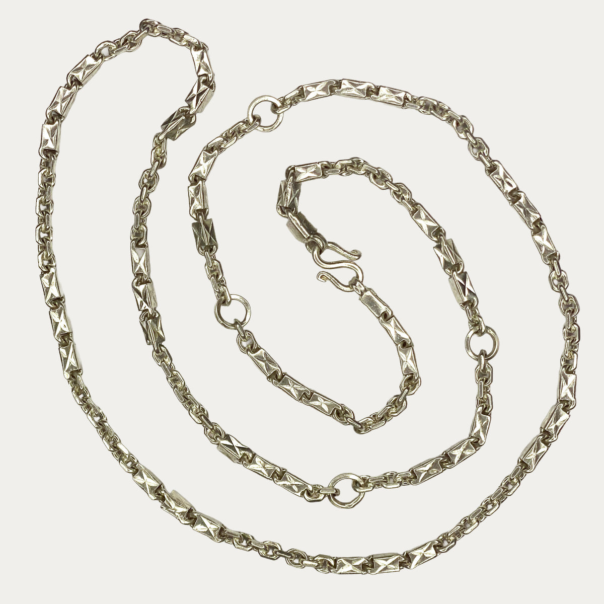Gift for men Triple Bar Khmer Sugarcane silver chain necklace full length view