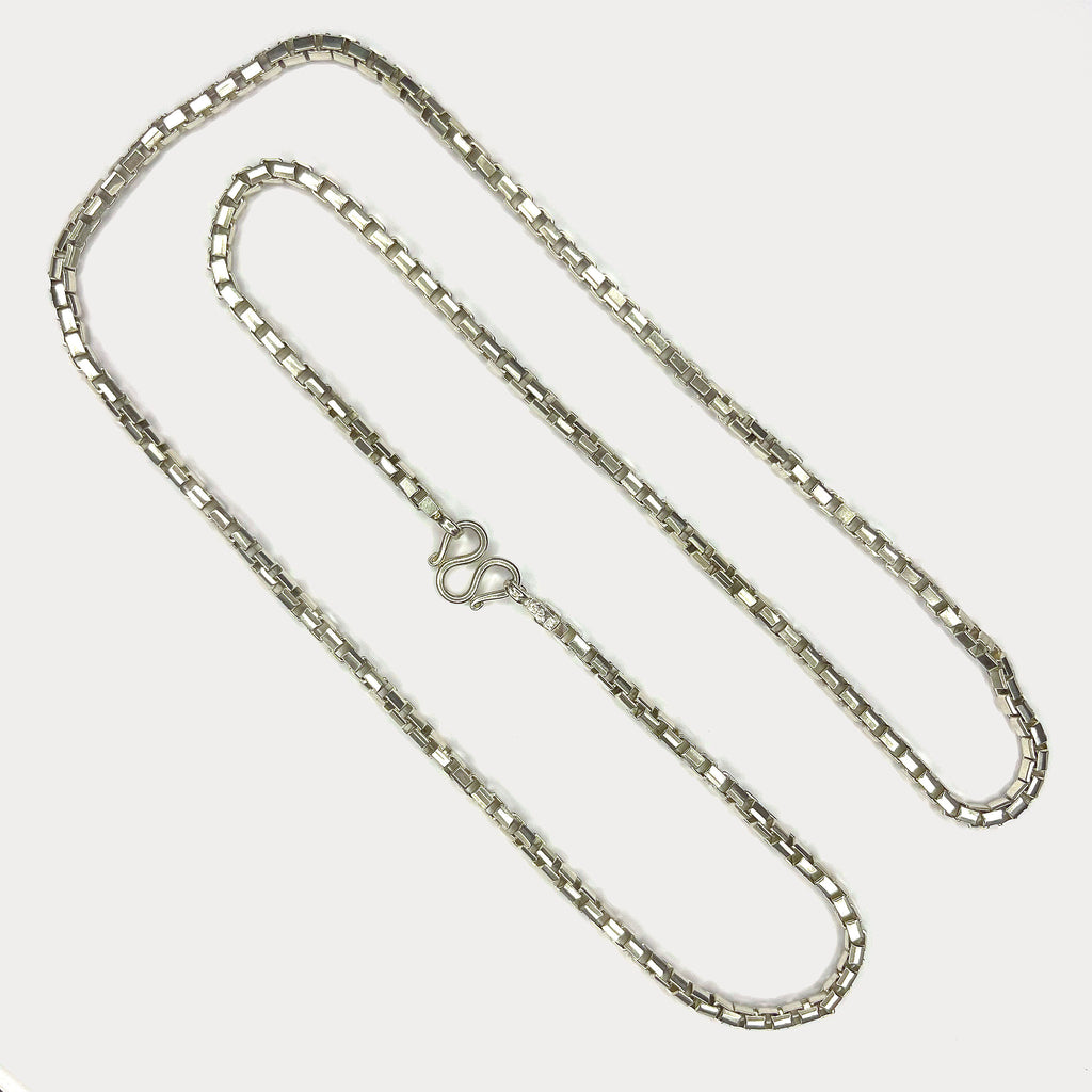 Square Box Link Necklace - Handmade Silver & White Gold Chain