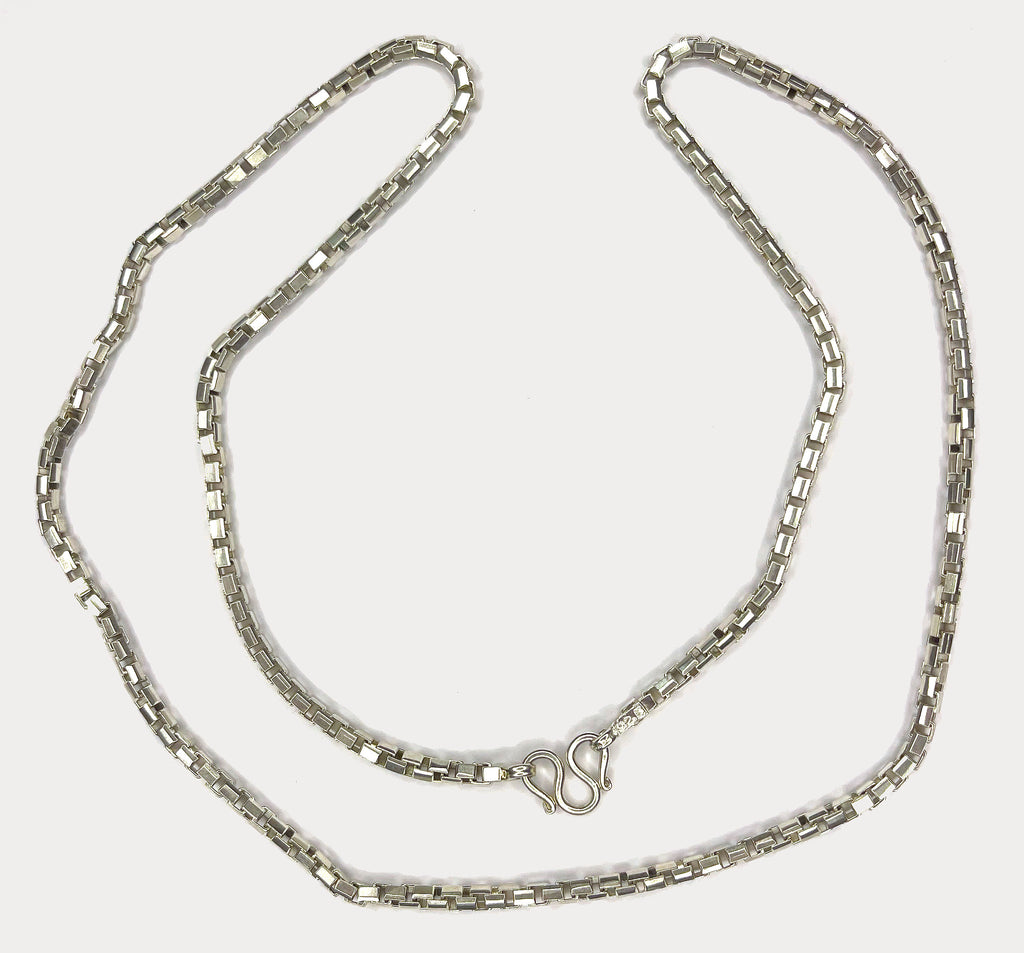 Square Box Link Necklace - Handmade Silver & White Gold Chain