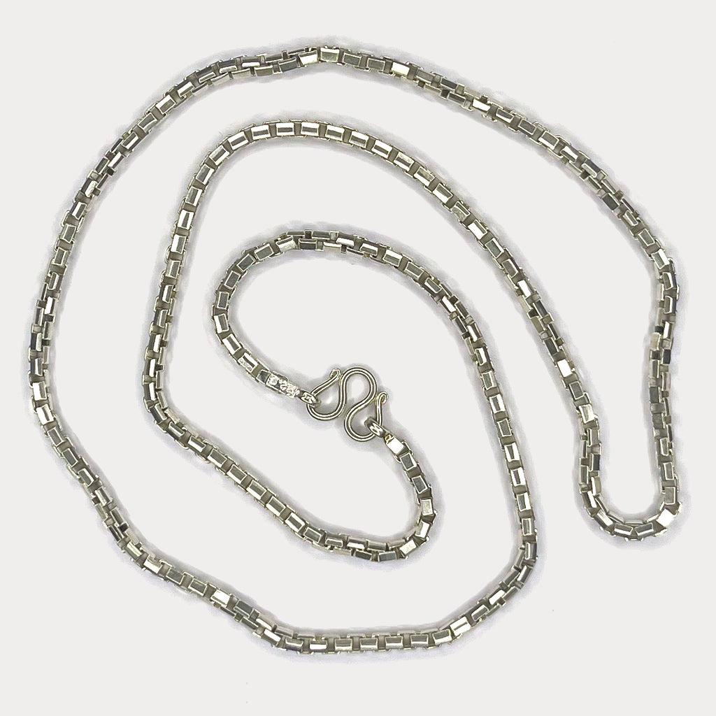 Square Box Link Necklace - Handmade Silver & White Gold Chain