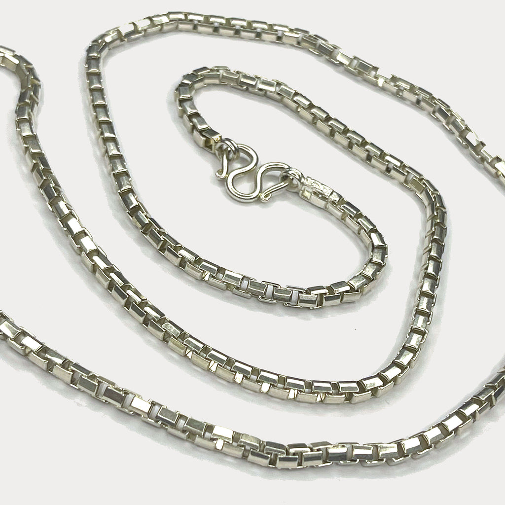 Square Box Link Necklace - Handmade Silver & White Gold Chain