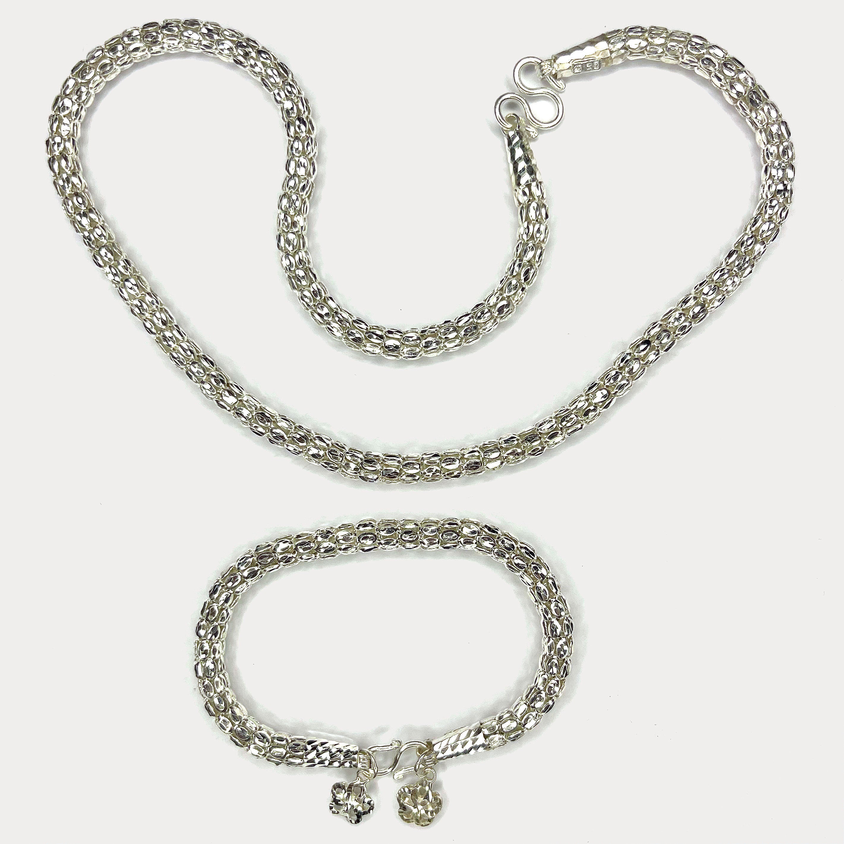 Snake Skin Rope Link Necklace & Bracelet Set - Handmade Silver Chains