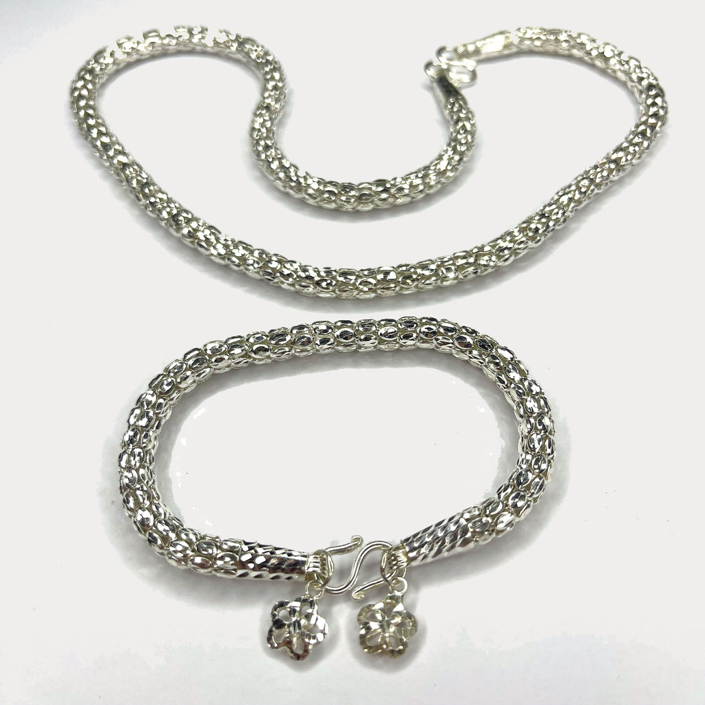 Snake Skin Rope Link Necklace & Bracelet Set - Handmade Silver Chains