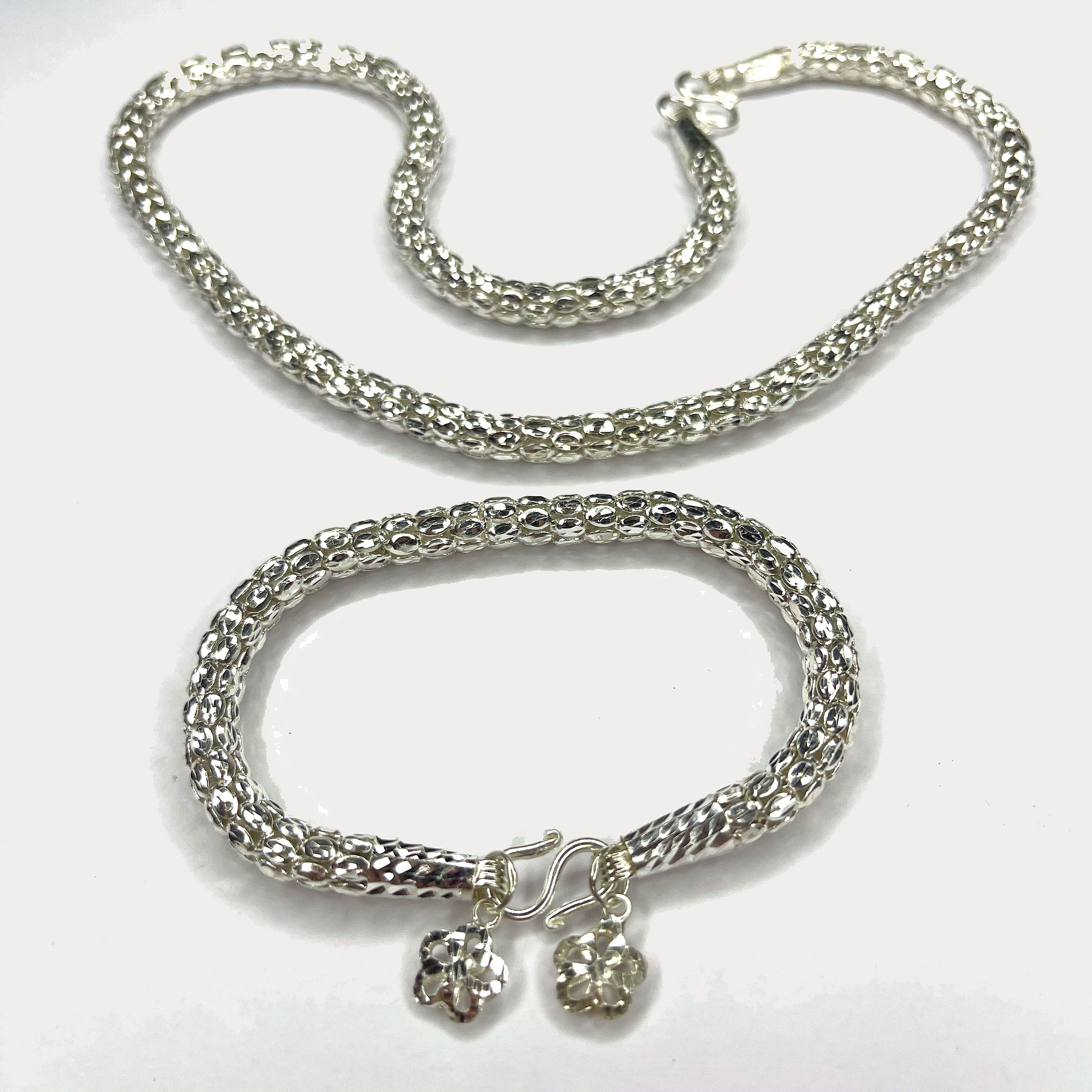 Snake Skin Rope Link Necklace & Bracelet Set - Handmade Silver Chains