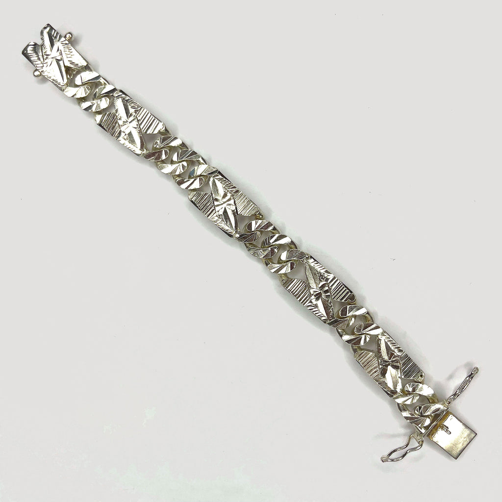Engraved Curb Link Bracelet - Handmade Silver & White Gold Bracelet