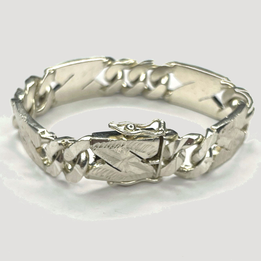 Engraved Curb Link Bracelet - Handmade Silver & White Gold Bracelet