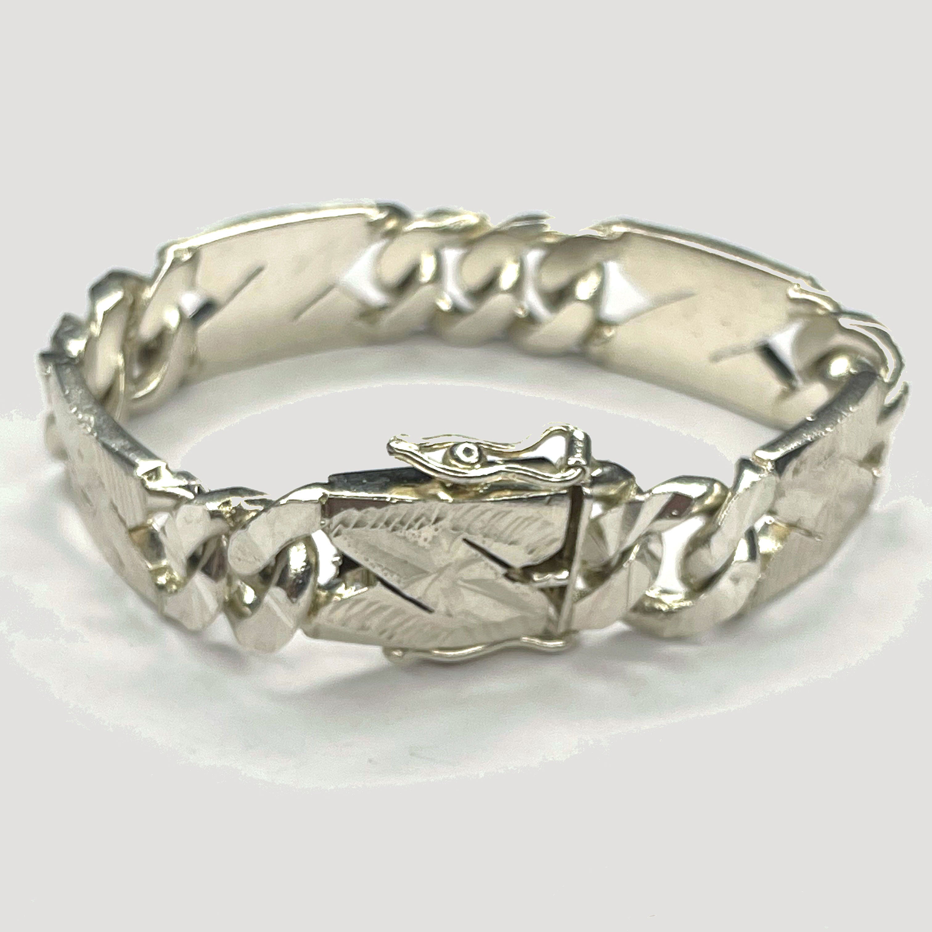 Engraved Curb Link Bracelet - Handmade Silver & White Gold Bracelet