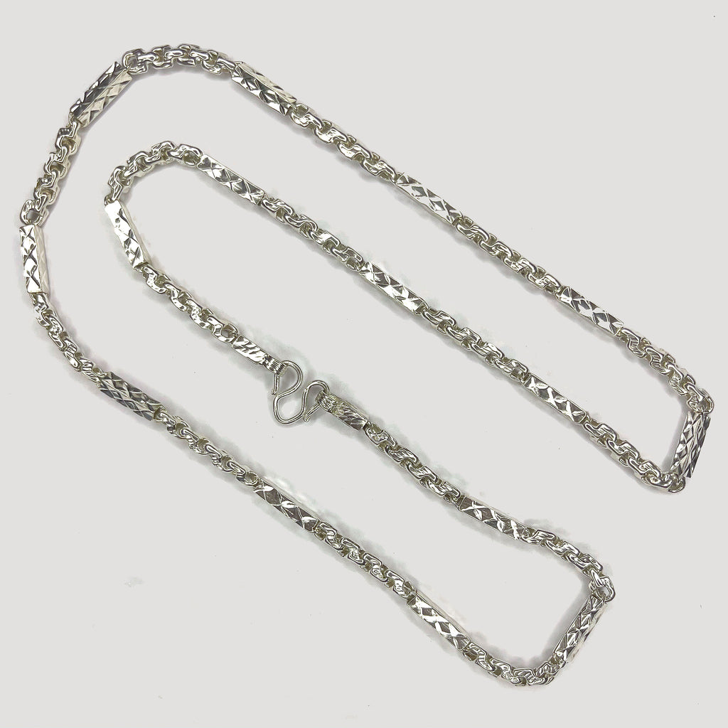 Sugarcane Fluted Link Cambodian Necklace - Handmade Silver & White Gold Chain