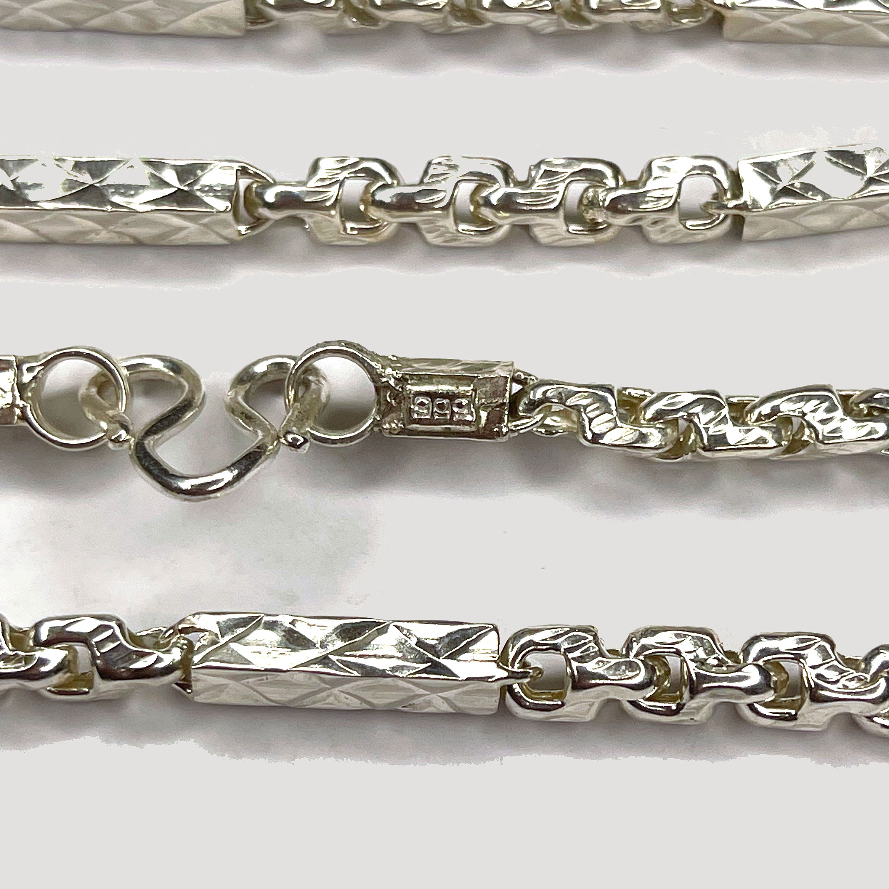 Sugarcane Fluted Link Cambodian Necklace - Handmade Silver & White Gold Chain