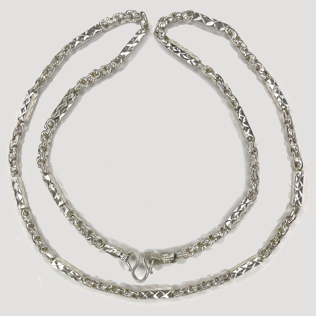 Sugarcane Fluted Link Cambodian Necklace - Handmade Silver & White Gold Chain