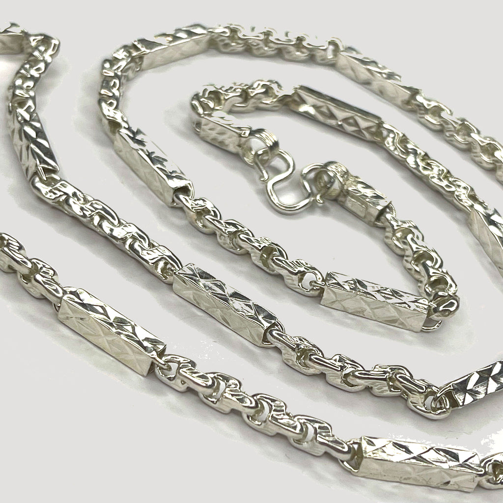 Sugarcane Fluted Link Cambodian Necklace - Handmade Silver & White Gold Chain