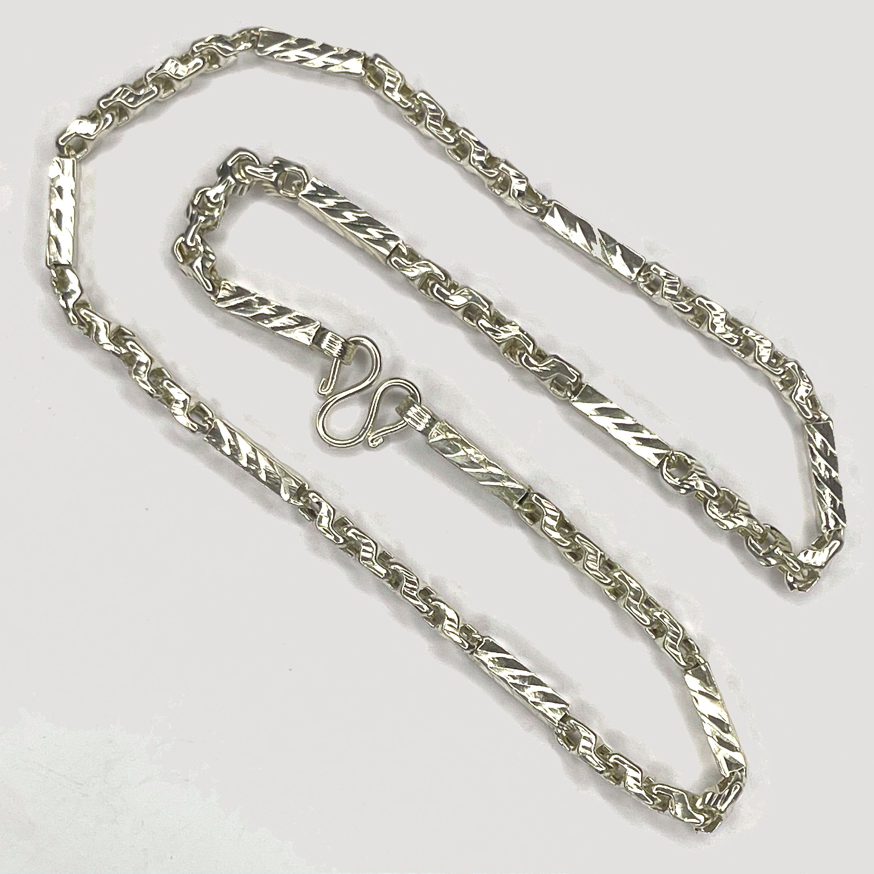 Sugarcane Fluted Link Cambodian Necklace - Handmade Silver & White Gold Chain
