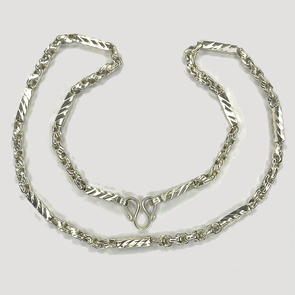 Sugarcane Fluted Link Cambodian Necklace - Handmade Silver & White Gold Chain