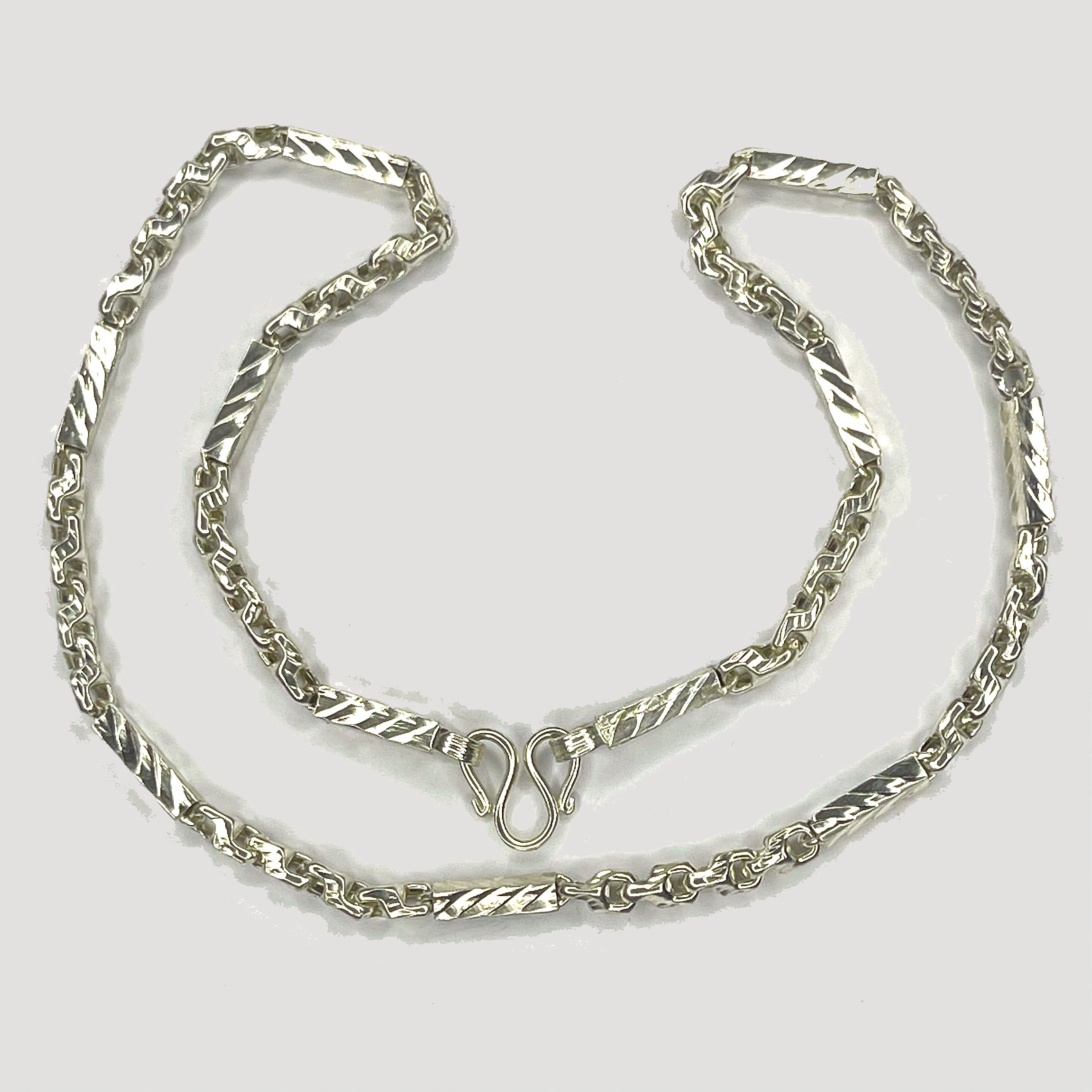 Sugarcane Fluted Link Cambodian Necklace - Handmade Silver & White Gold Chain