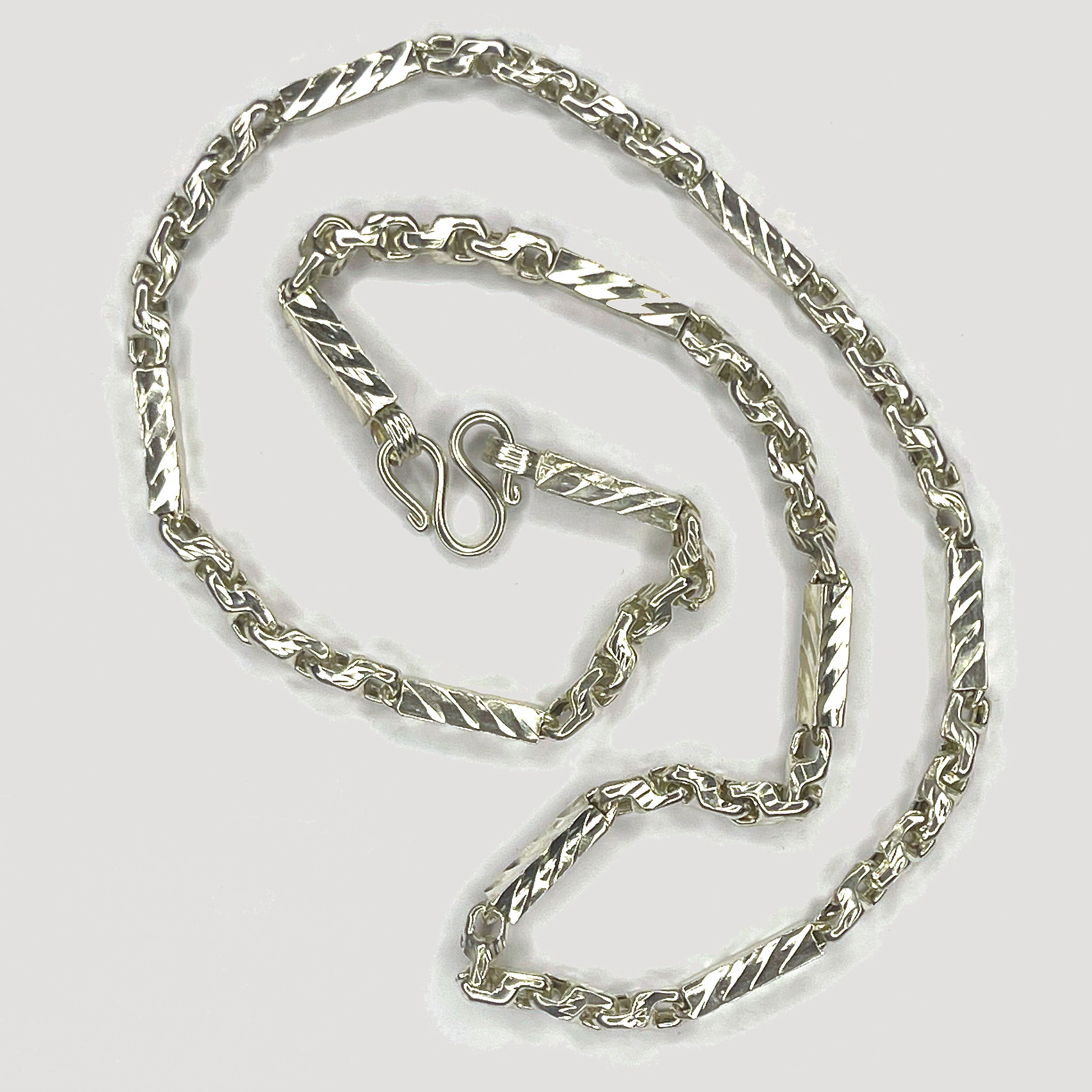 Sugarcane Fluted Link Cambodian Necklace - Handmade Silver & White Gold Chain