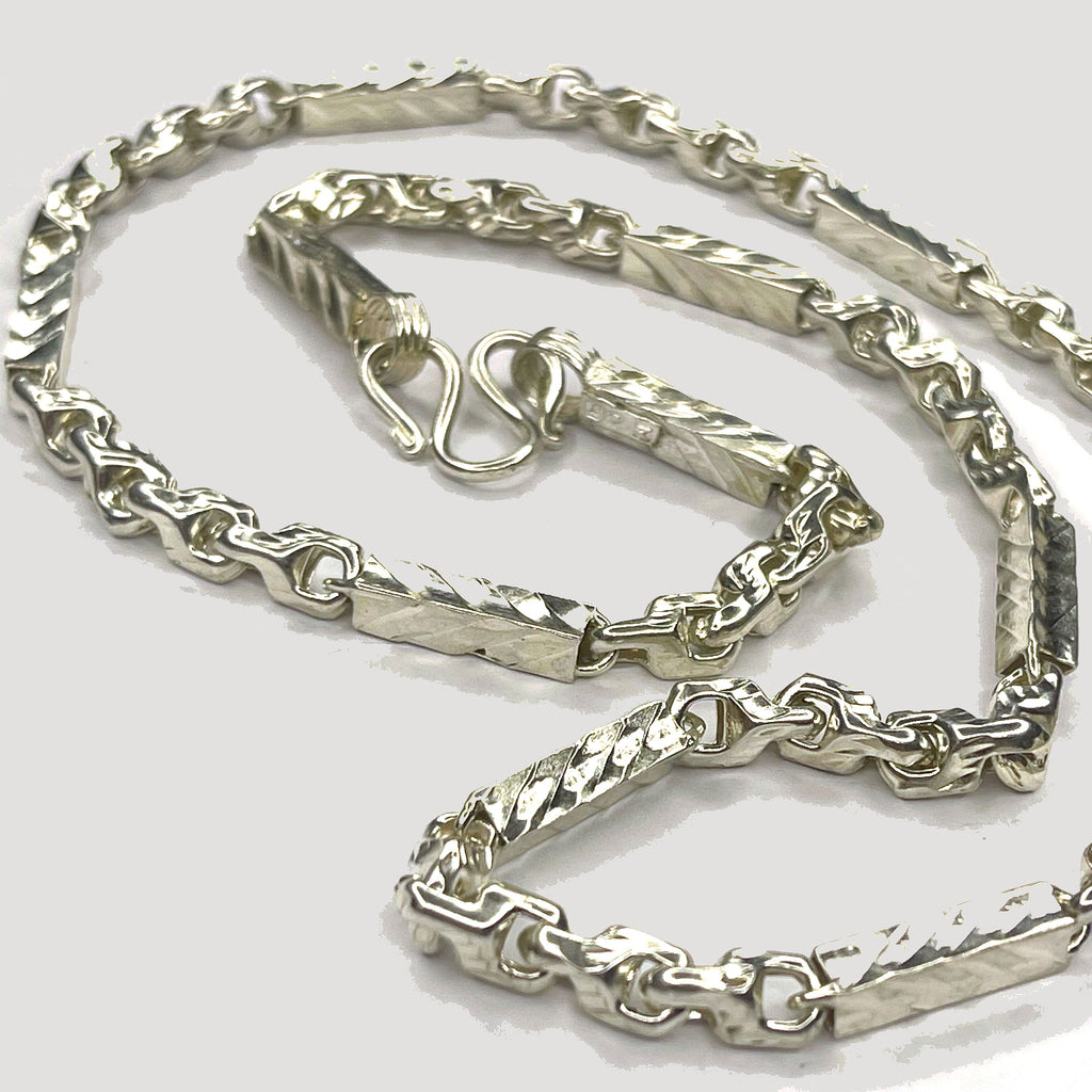 Sugarcane Fluted Link Cambodian Necklace - Handmade Silver & White Gold Chain