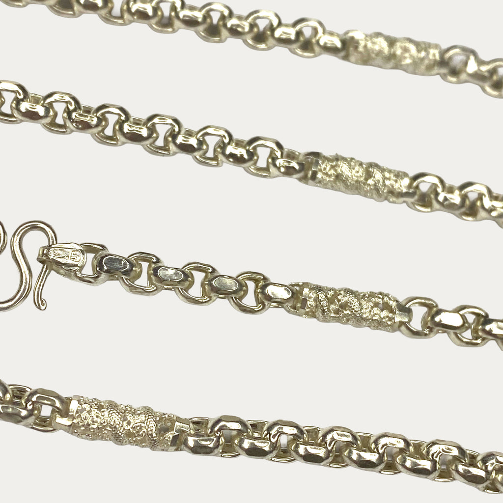 Macro close-up of silver dragon chain clasp