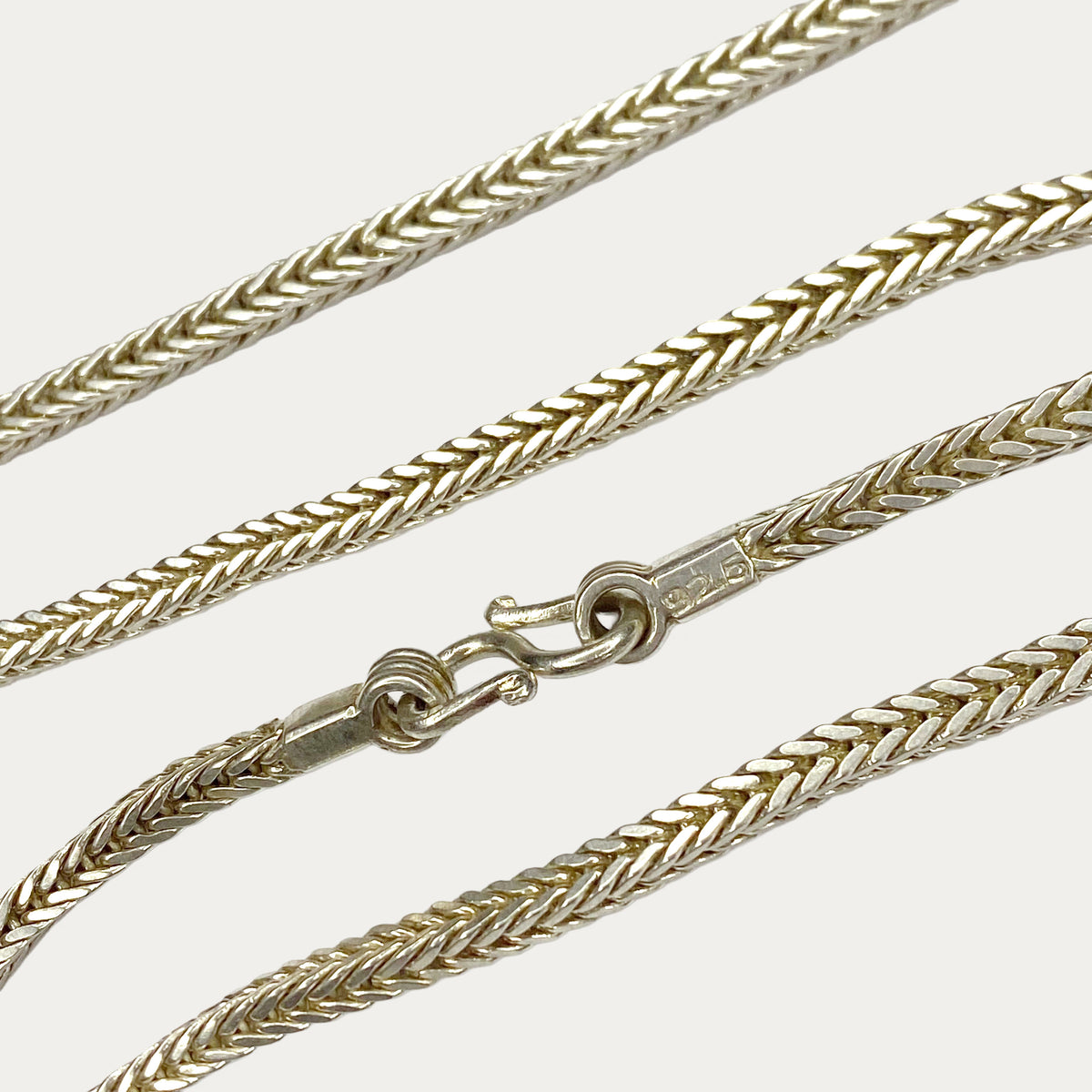 Solid 925 sterling silver Snakeskin Square Rope chain close up of hallmark