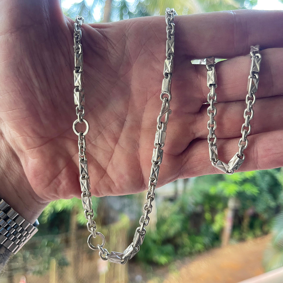  Solid silver necklace - Triple Bar Khmer Sugarcane chain for men held in hand for scale