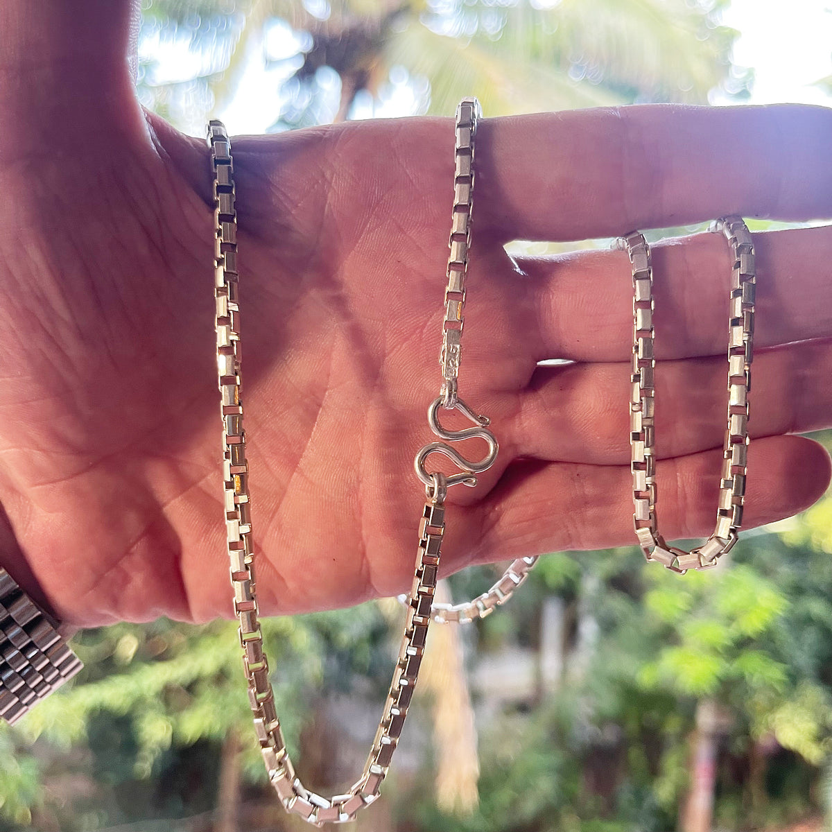Silver Chain for Men | Square Box Link | 925 Sterling | 50g | 33" | 4mm | Handmade Silver & White Gold Necklace