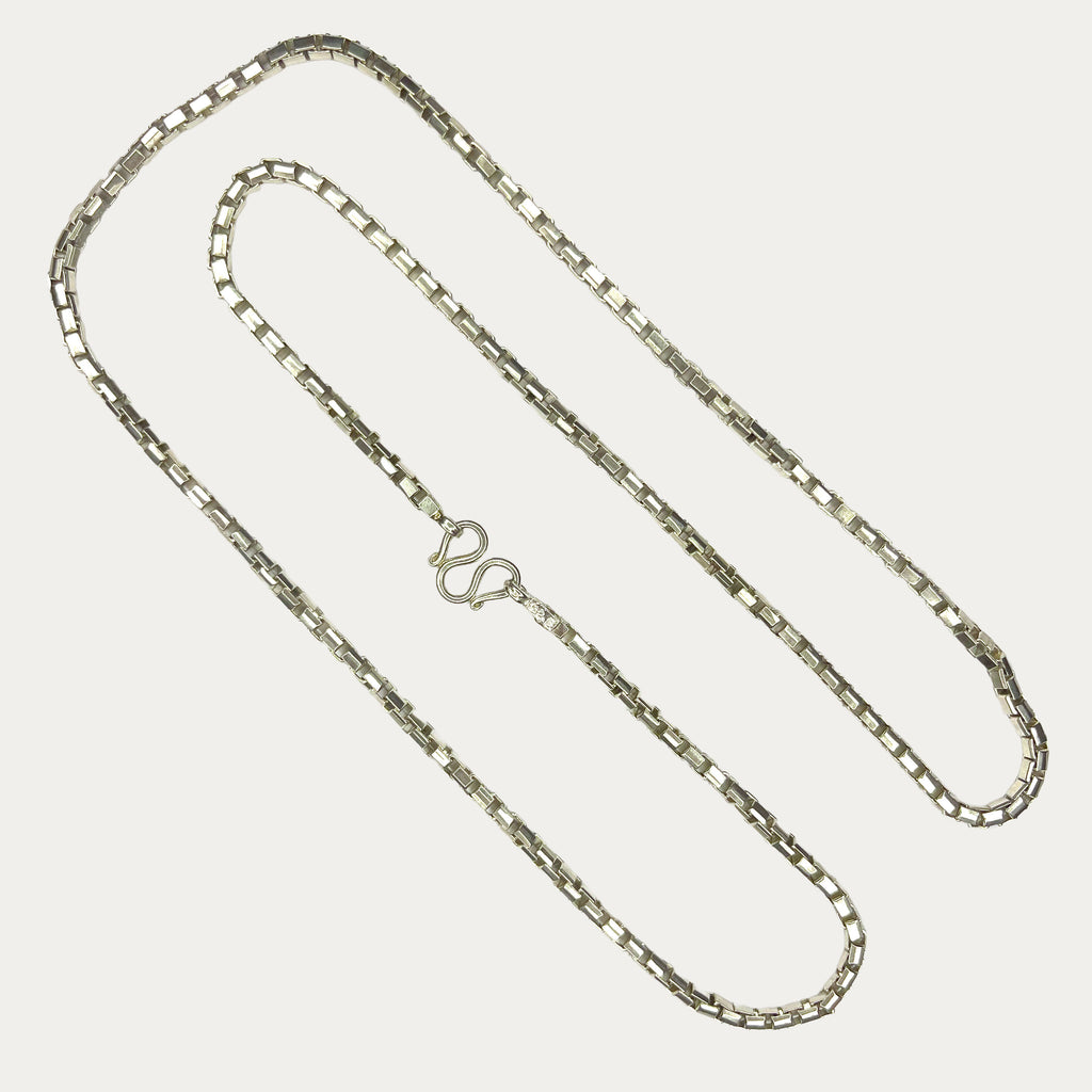 Silver Chain for Men | Square Box Link | 925 Sterling | 50g | 33" | 4mm | Handmade Silver & White Gold Necklace