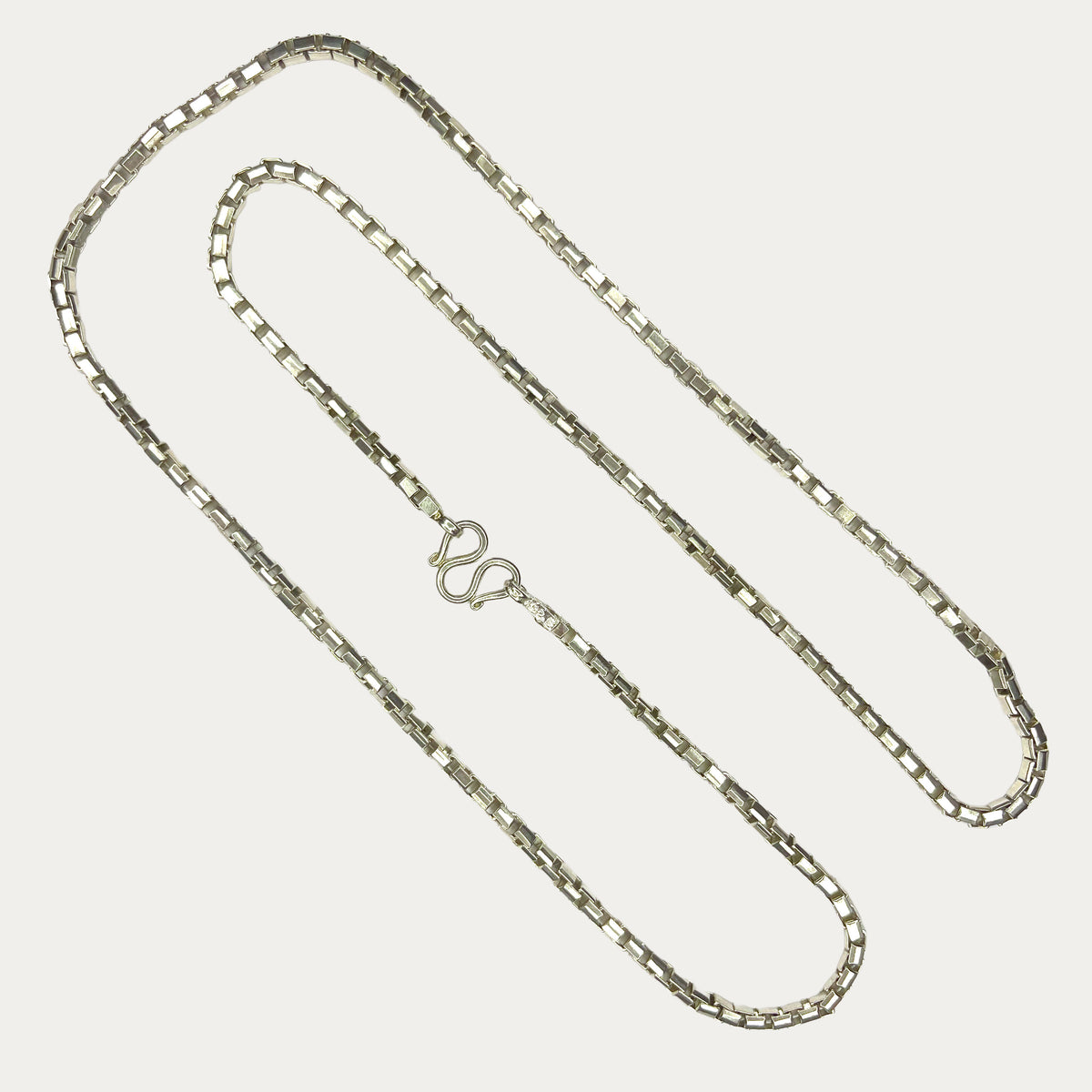 Silver Chain for Men | Square Box Link | 925 Sterling | 50g | 33" | 4mm | Handmade Silver & White Gold Necklace