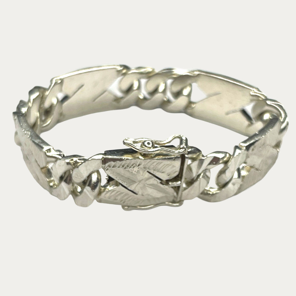Silver Bracelet for Men | Diamond Cut Curb Link | 47g | 7" | 12mm | Handmade Silver & White Gold Bracelet