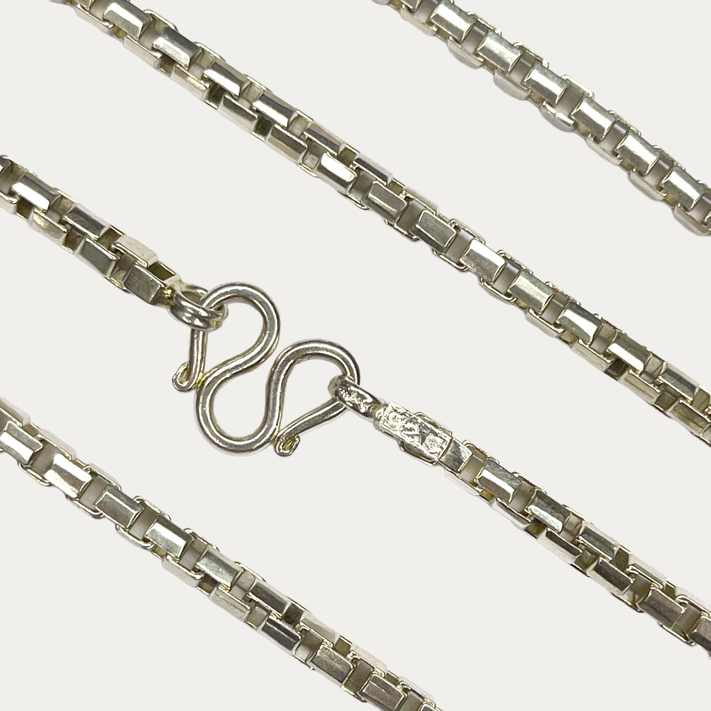 Silver Chain for Men | Square Box Link | 925 Sterling | 50g | 33" | 4mm | Handmade Silver & White Gold Necklace
