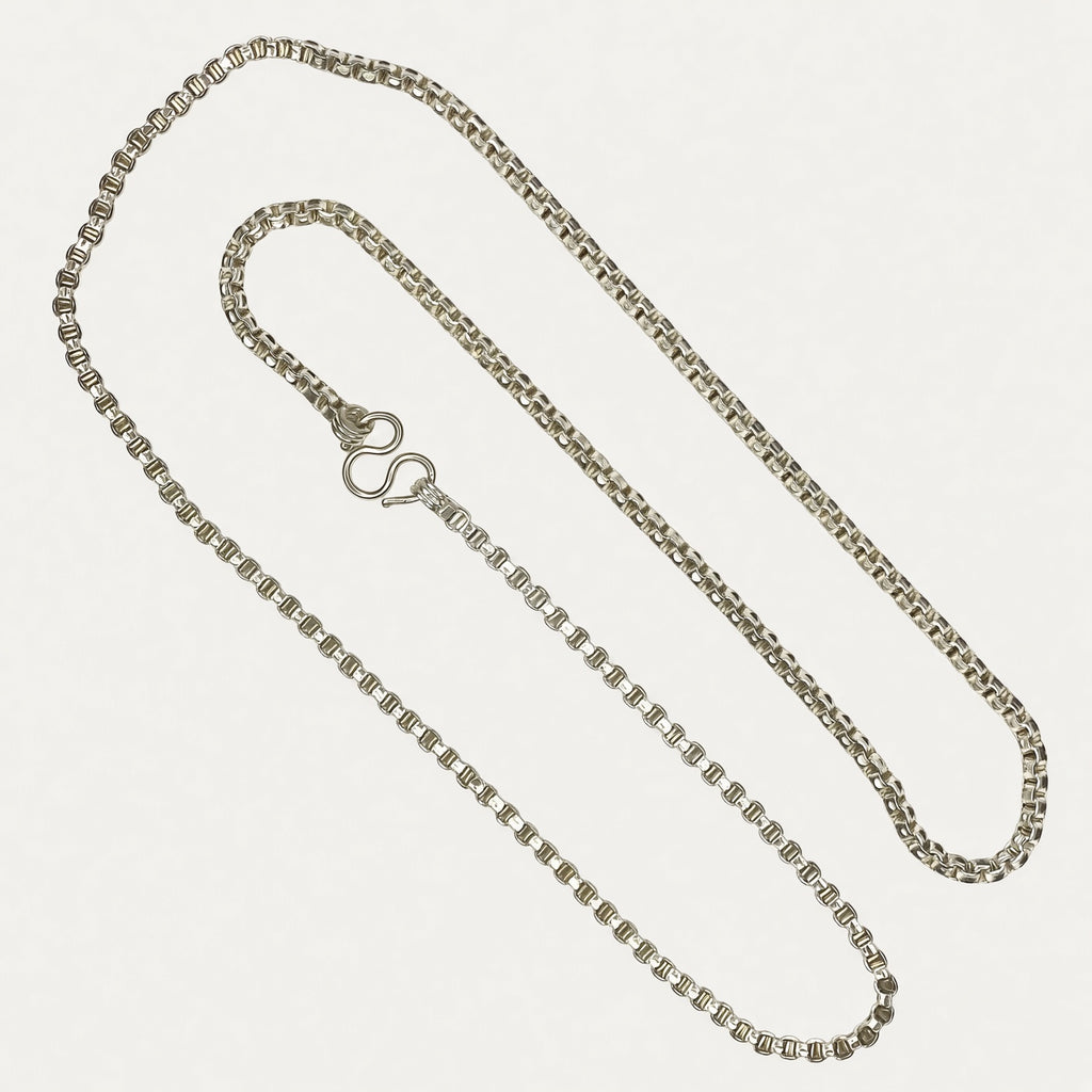 Full-length view of solid silver box chain necklace