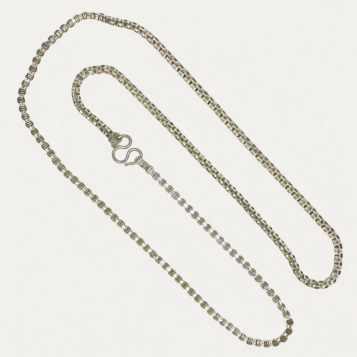 Full-length view of solid silver box chain necklace