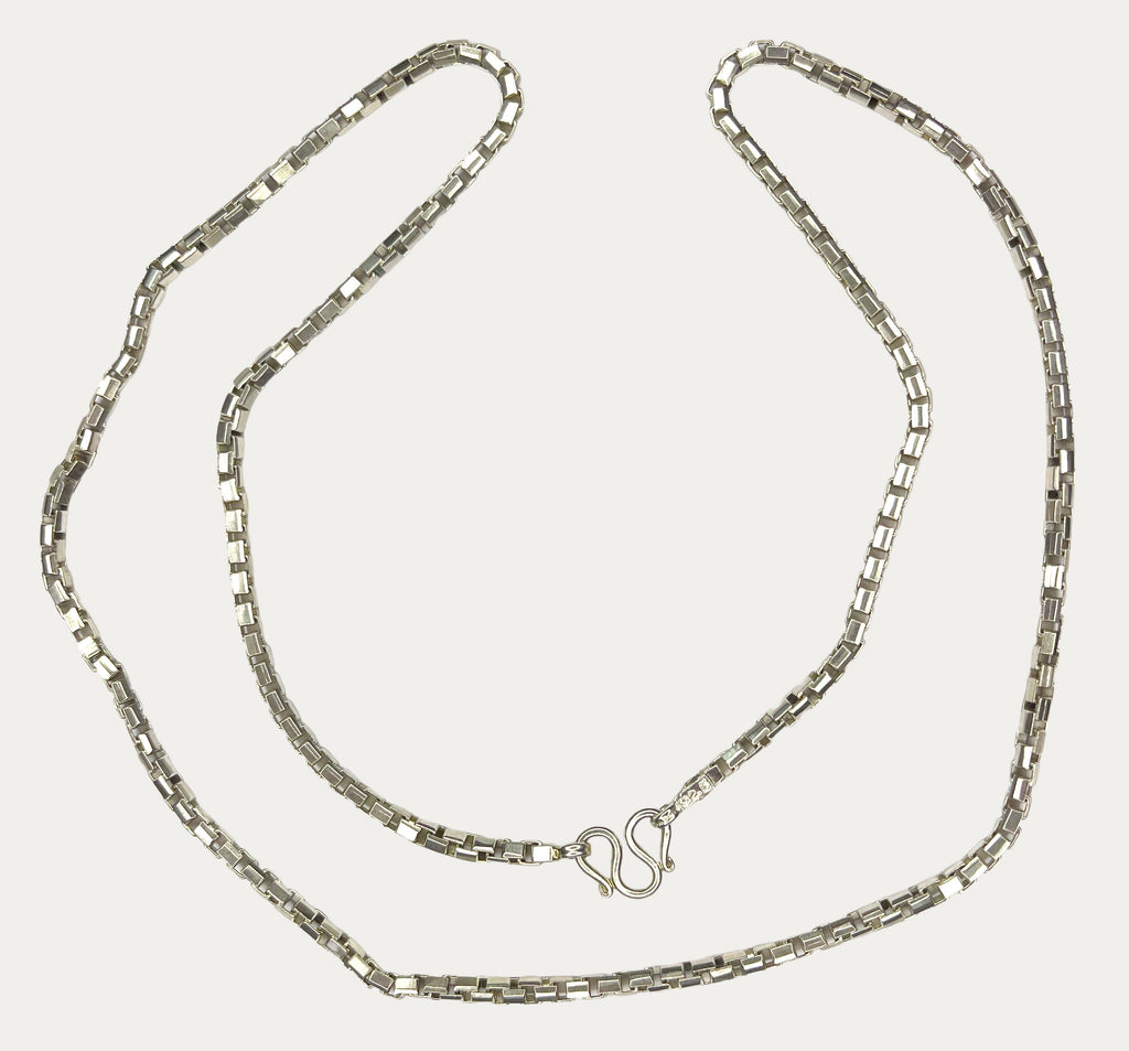 Silver Chain for Men | Square Box Link | 925 Sterling | 50g | 33" | 4mm | Handmade Silver & White Gold Necklace