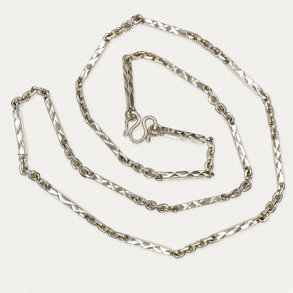 Full-length view of solid silver sugarcane Khmer chain necklace